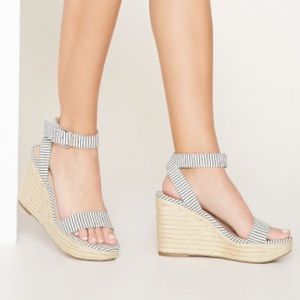 Striped Espadrille Wedges (Navy & White)